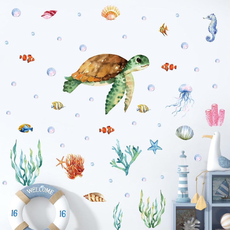 Kasubeso Large Summer Ocean Window Clings Decals, Watercolor Sea Turtle Jellyfish Bubbles Wall Stickers, Peel and Stick Ocean Anmial Wall Decor for Bedroom Bathroom Window School Nursery Decoration - Image 4